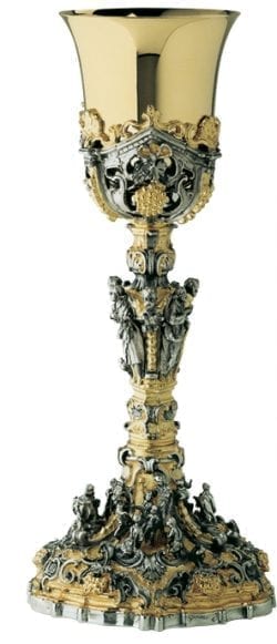 Calice “Natività” Maranatha Lab stile barocco con coppa in argento e rilievi raffiguranti la nascita di Gesù