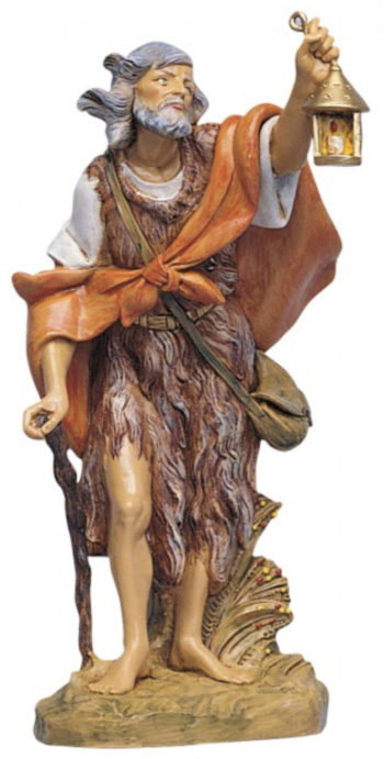 Shepherd with Fontanini lantern, Nativity statuette in hand-painted resin with wood effect