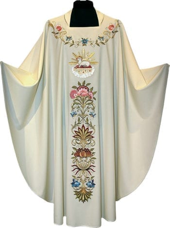 Casula con stolone "Lilla" in tessuto fresco lana con stolone impreziosito da ricco ricamo diretto a motivi floreali e simbolo dell'Agnello